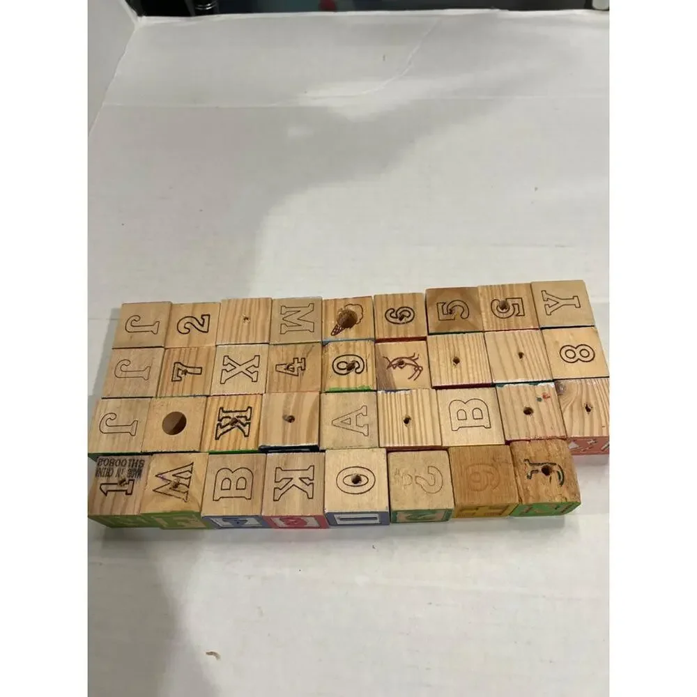 Vintage Wooden Alphabet & Number Blocks ABC 123 Classic Toy Set 39 Pieces #O21o